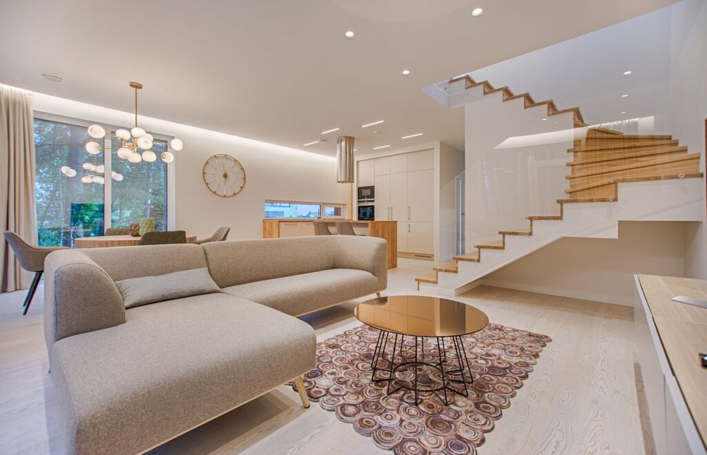 Modern minimal living room with rug