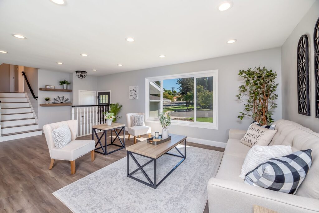 Bright living room with a large area rug